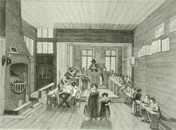 Innenansicht der Schule, die mit John Bunyans Versammlungshaus in der Zoar Street, Southwark, verbunden ist, graviert von Dale, 1822 von Schnibbelee after Schnibbelee after