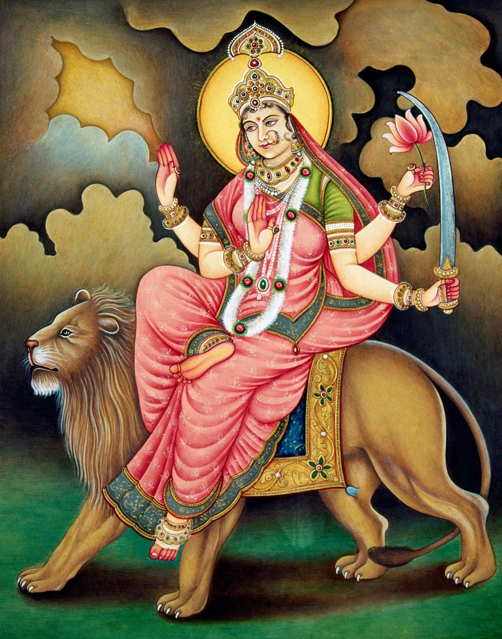 Göttin Durga Miniaturmalerei auf Papier von School Indian