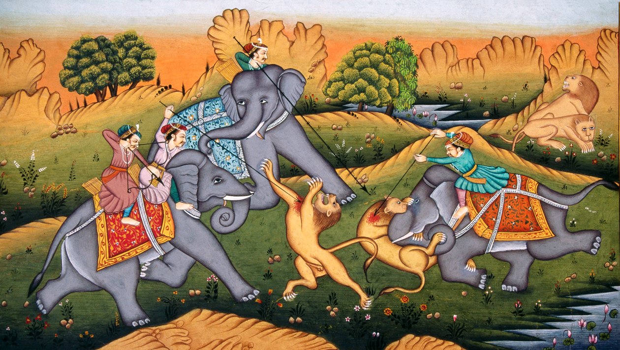Tigerjagd auf Miniaturmalerei auf Papier von School Indian