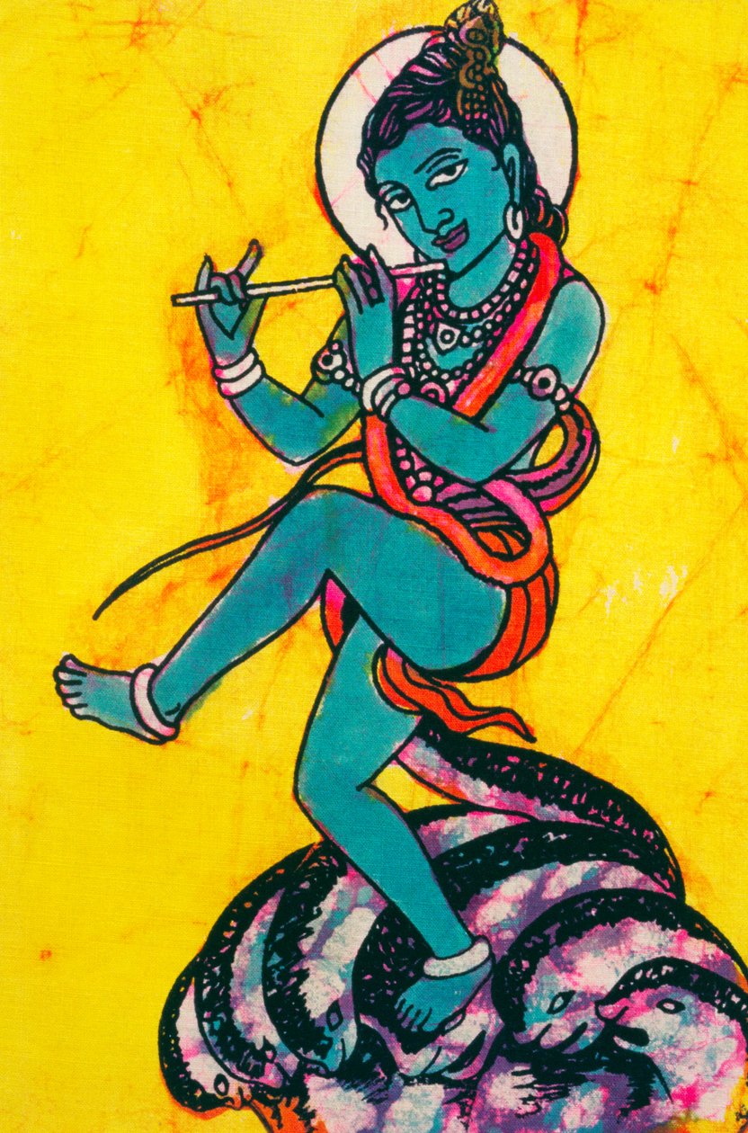 Lord Krishna Kaliya Mardhan Batikmalerei von School Indian