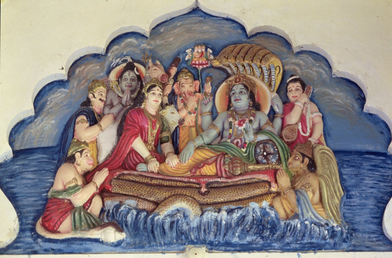 Vishnu Narayana, schwebend auf Sheshanaga von School Indian