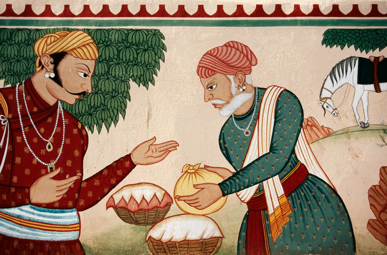 Wandmalerei des Feilschens, Jaipur, Rajasthan, Indien von School Indian