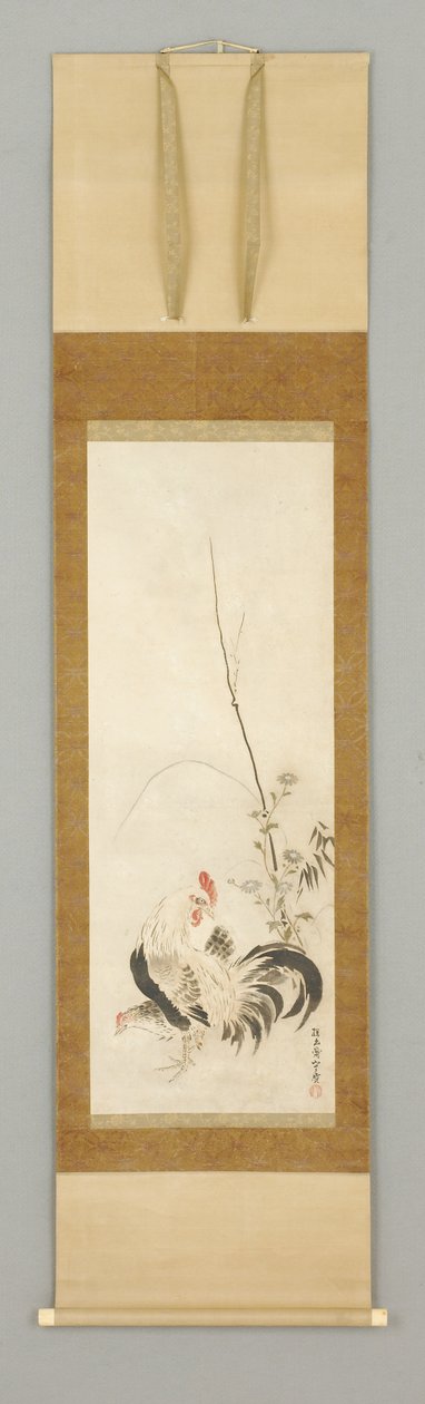Kakemono, Hahn und Henne mit Blumen von Japanese School