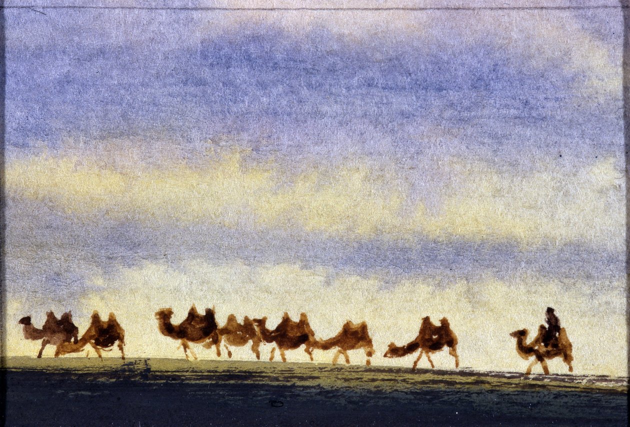 Kamelherde, Mongolei - Mongolische Aquarellmalerei von School Mongolian
