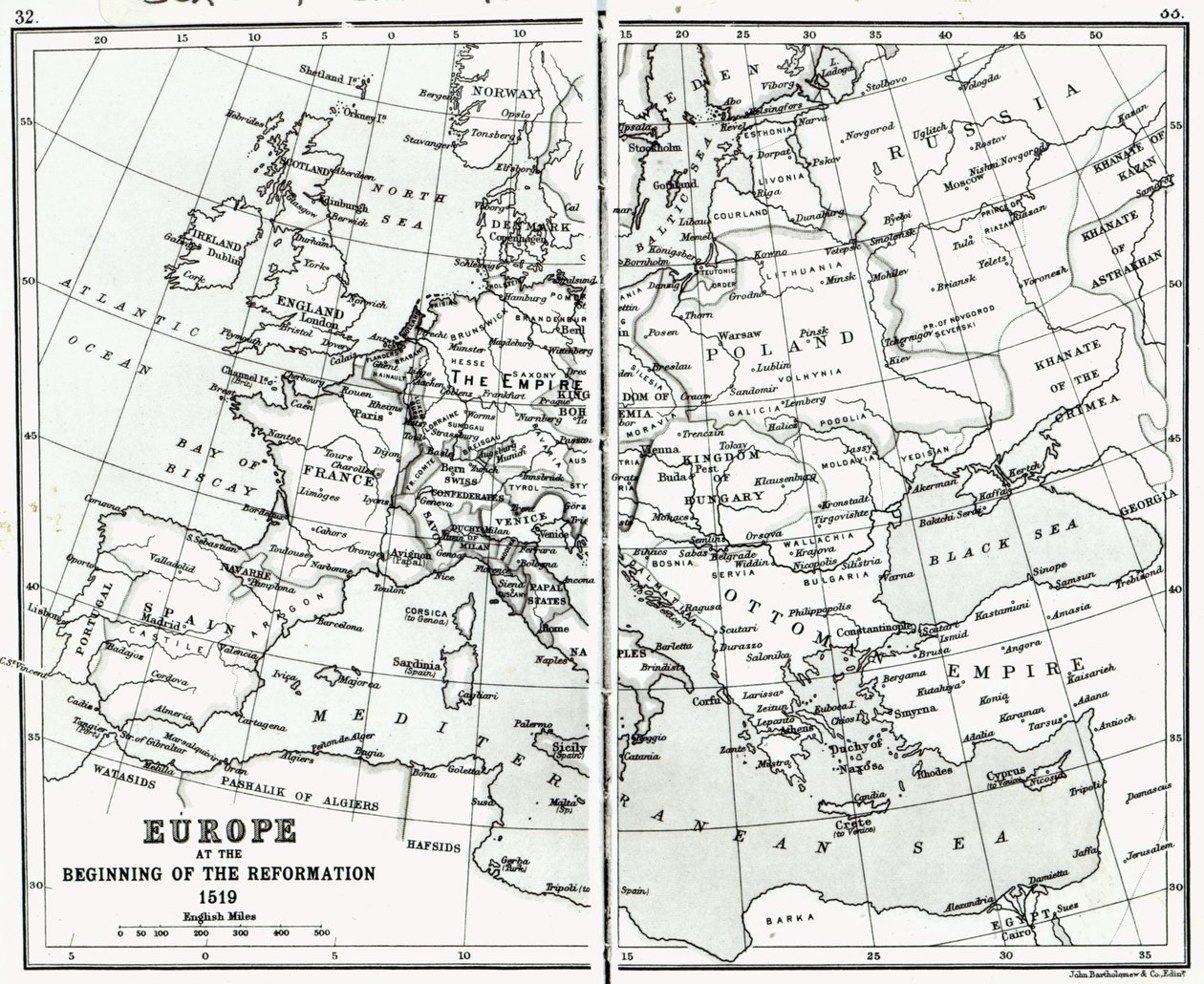 Europa im Jahr 1519, zu Beginn der Reformation, veröffentlicht von John Bartholomew and Co., Edinburgh von Scottish School