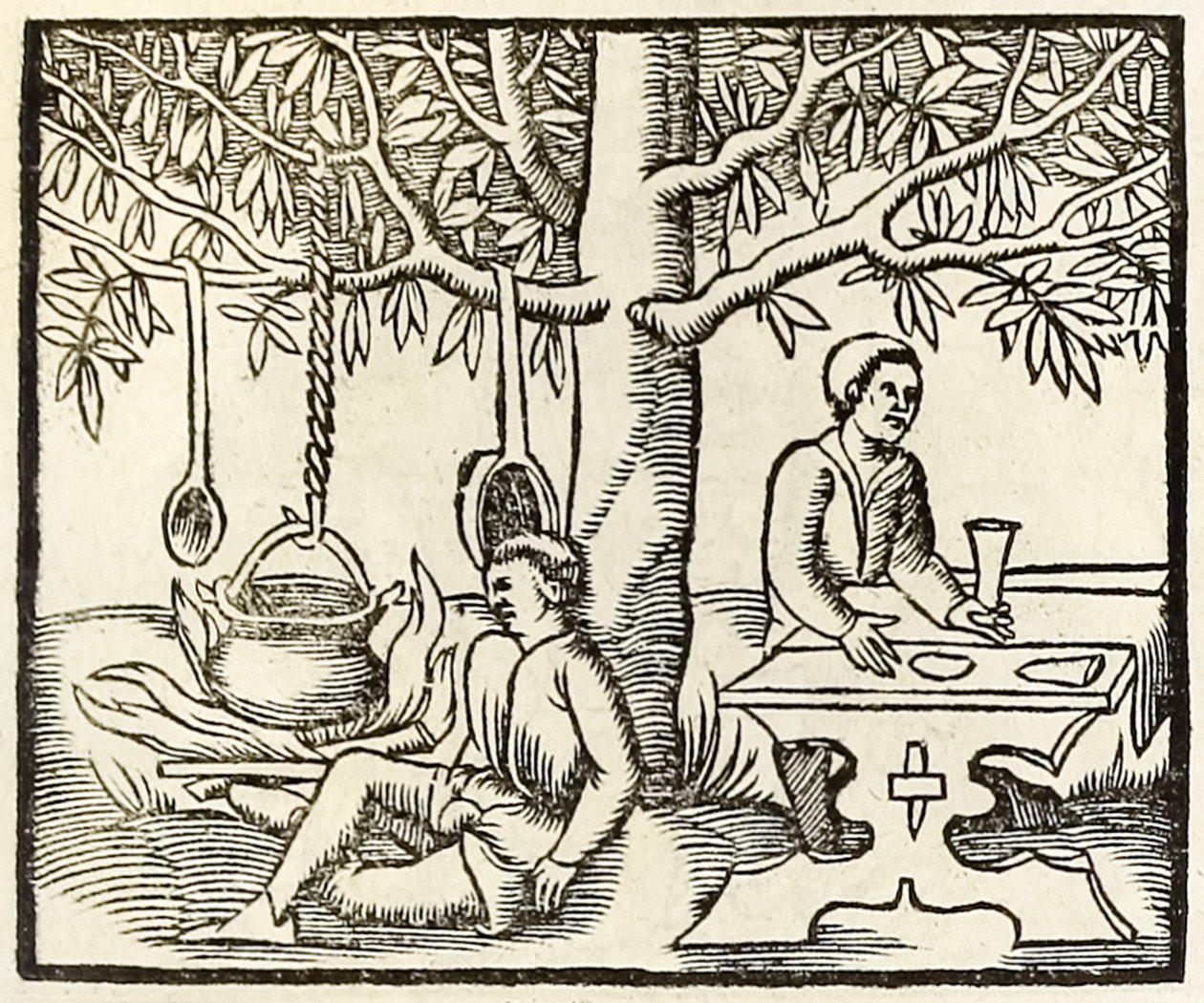 Kochtopf und wartender Esser aus der Ausgabe von 1550 der Cosmographia von Sebastian Münster von Sebastian Munster