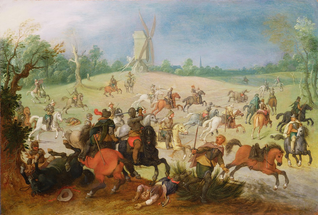 Eine Kavallerieschlacht in einem bewaldeten Tal vor einer Windmühle von Sebastian Vrancx