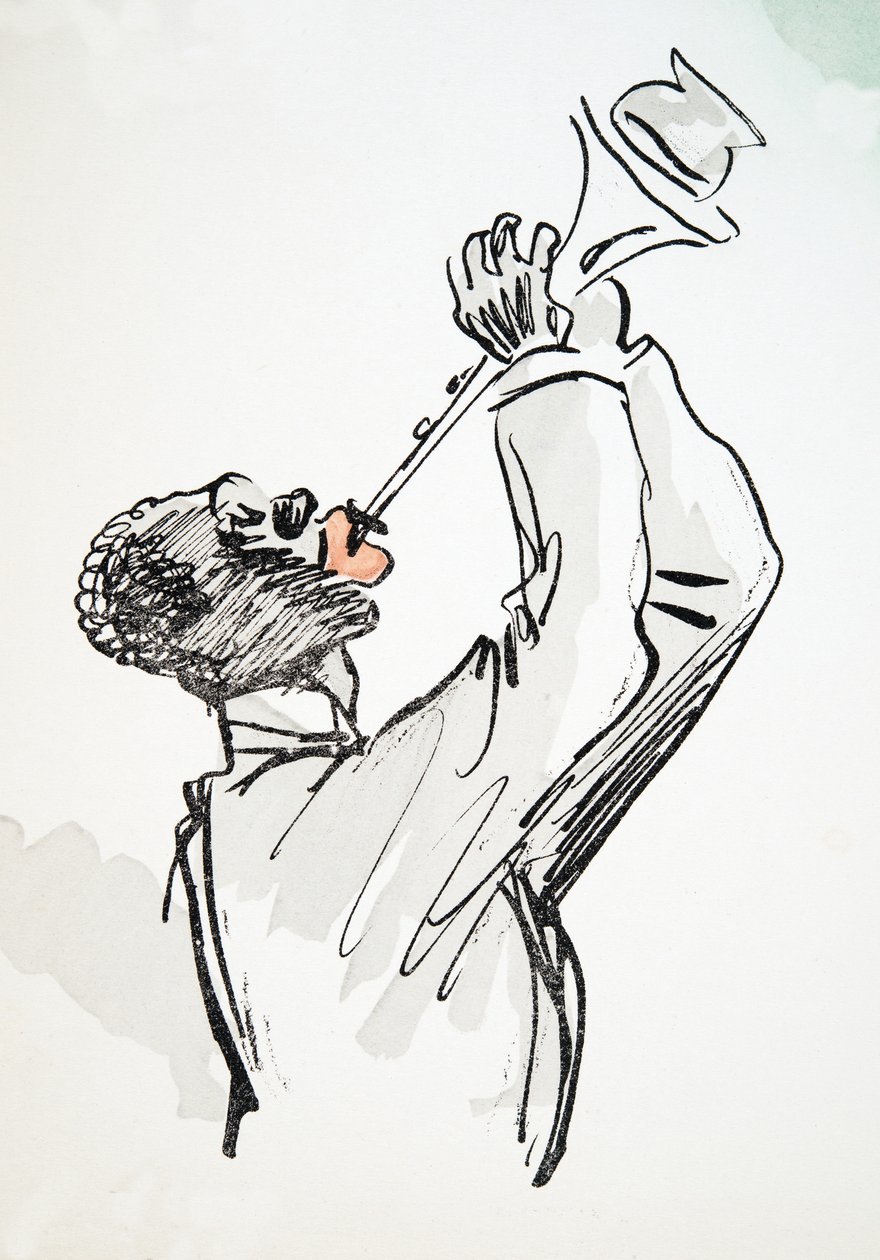 Trompetenspieler, aus White Bottoms, veröffentlicht 1927 (Farbholzschnitt) von Sem