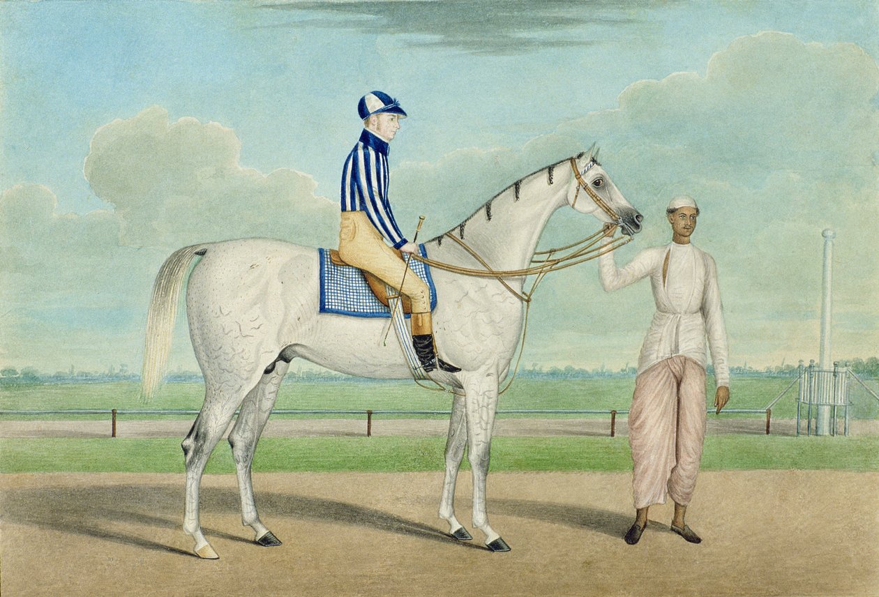 Rennpferd mit Jockey und Stallbursche, Kalkutta von Shaik Muhammad Amir of Karraya