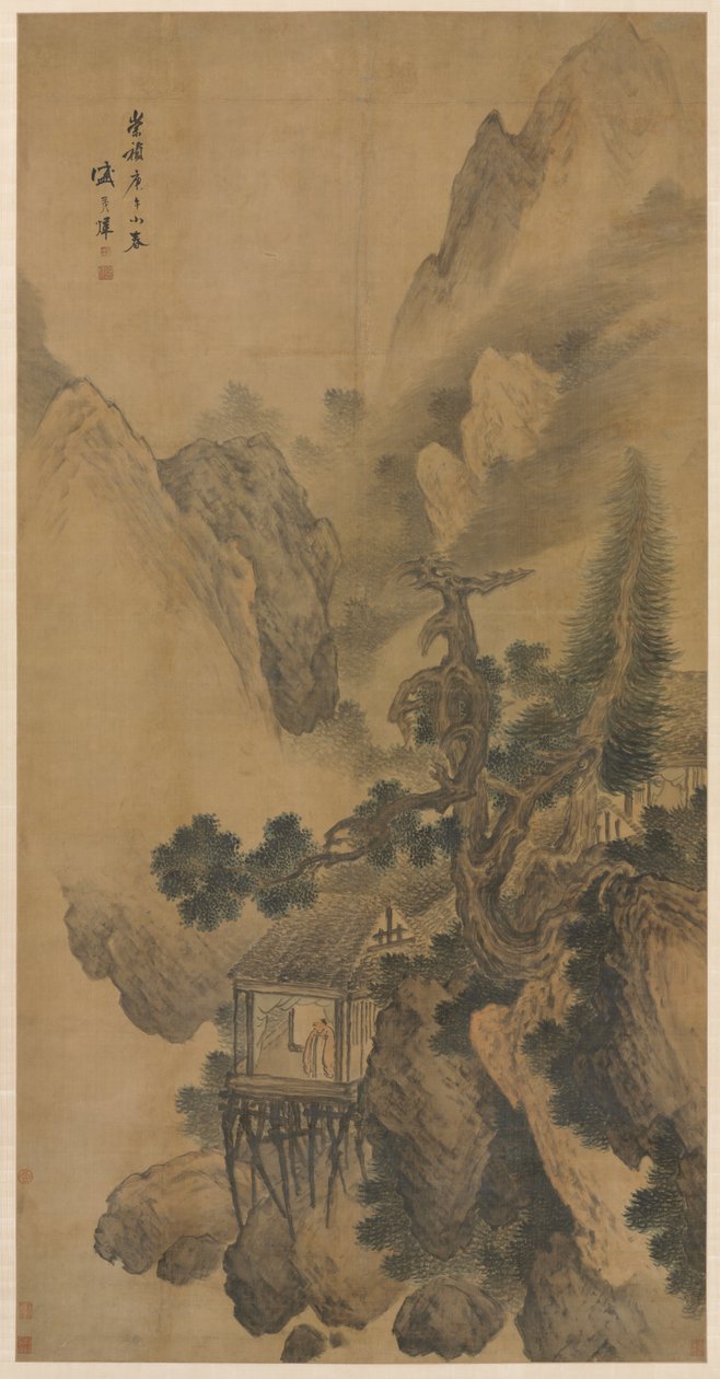 Einsamer Rückzugsort mit Blick auf ein nebliges Tal von Sheng Maoye