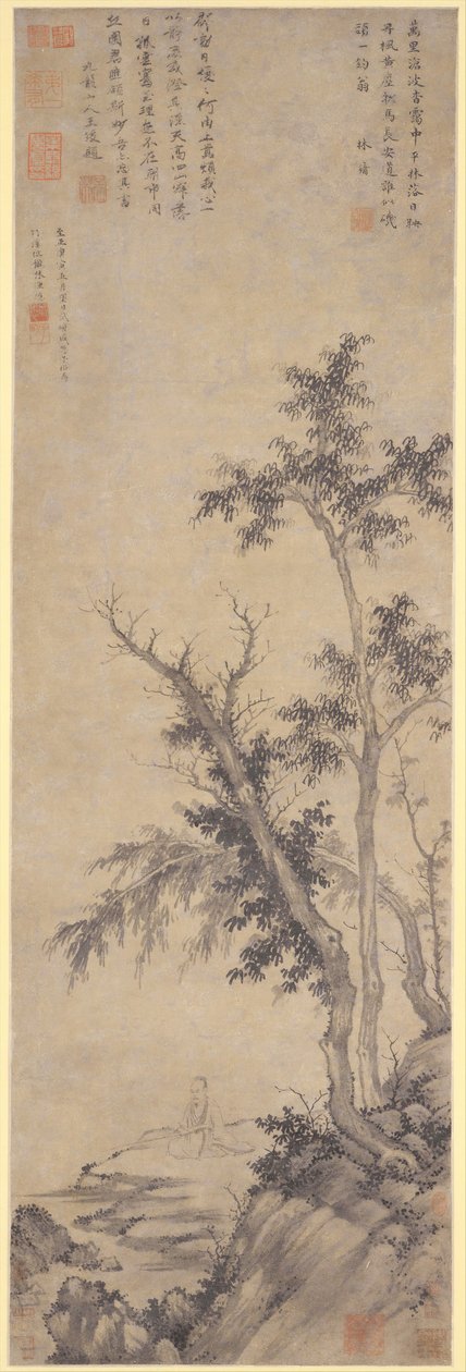 Einsiedler angelt bei Herbstbäumen, datiert 1350 von Sheng Mou