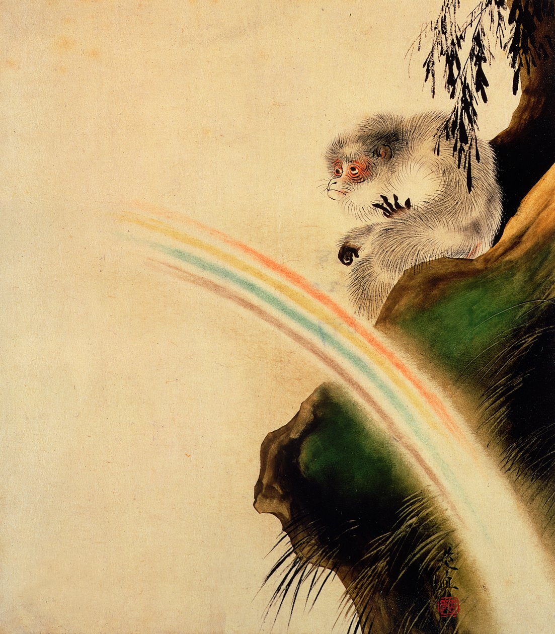 Gibbon auf einem Felsen sitzend mit Regenbogen im Vordergrund von Shibata Zeshin
