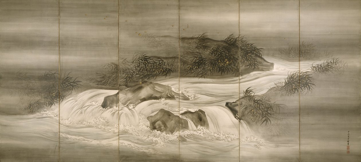 Flusslandschaft mit Glühwürmchen von Shiokawa Bunrin