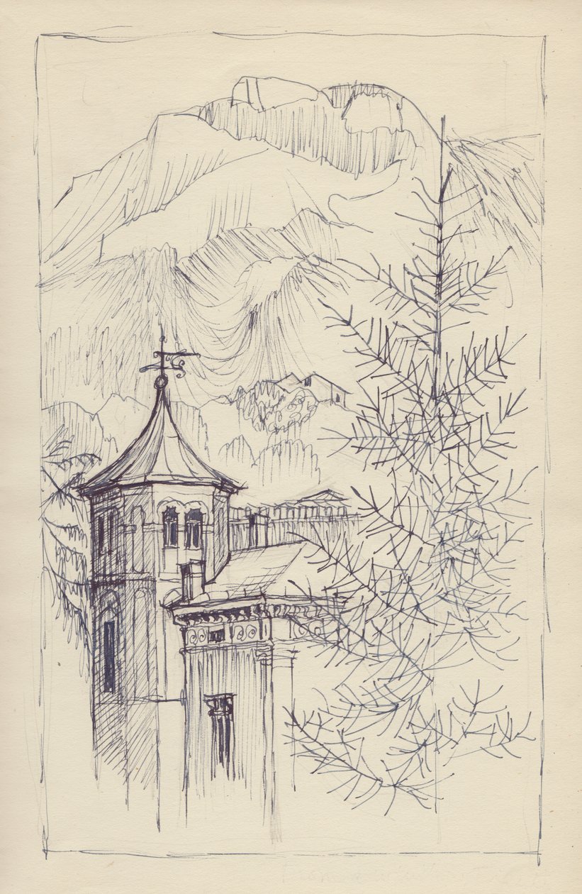 Kirche und Berge, Italien, um 1950 von Shirley Markham