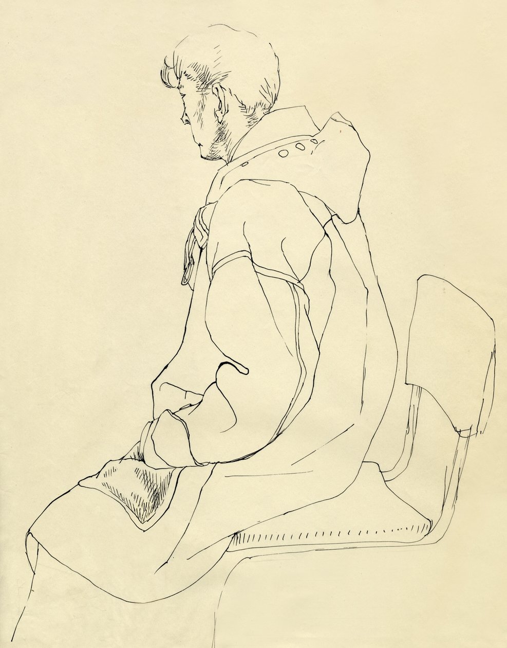 Sitzender Mann im Dufflecoat, ca. 1952 von Shirley Markham