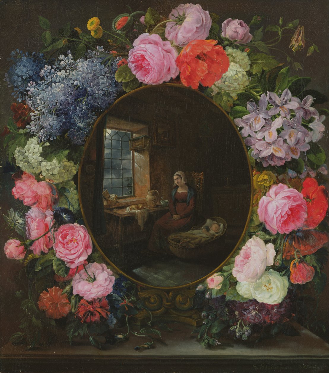 Mutter und Kind in einem Blumenkranz, 1829 von Siegfried Detler Bendixen