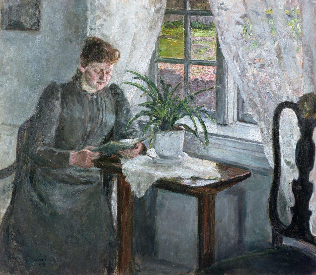 Innenraum mit lesender Frau von Signe Scheel