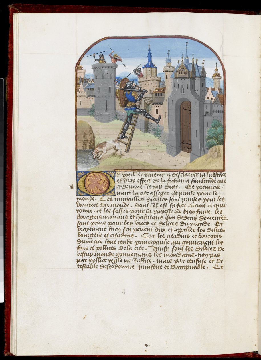 Ms.165 f.51v: Soldat mit Schild und Schwert, der eine Sturmleiter erklimmt, aus Hesdin oder Valenciennes, ca. 1465-68 (Pergament) von Simon Marmion