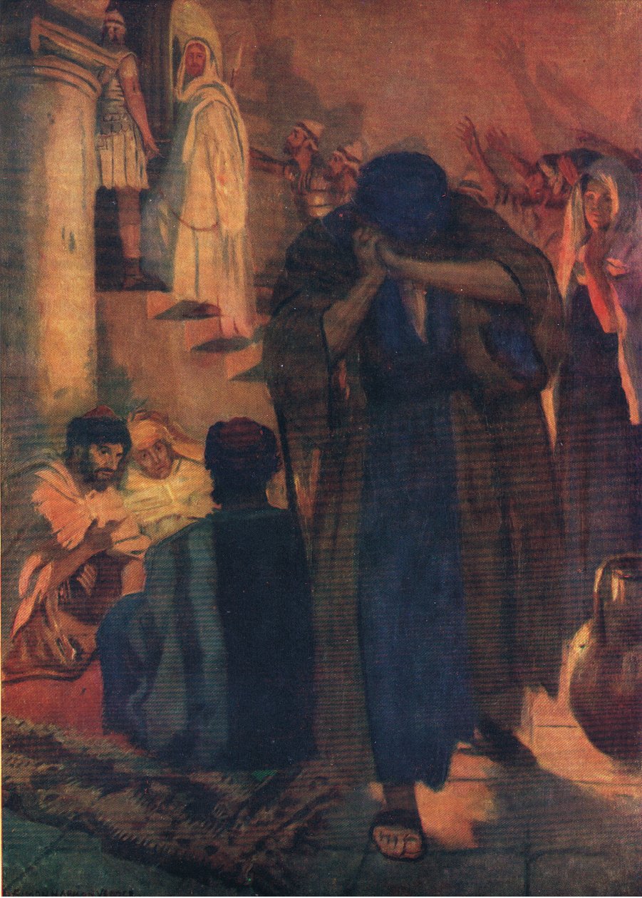 Petrus verleugnet seinen Meister, aus The Bible Picture Book, veröffentlicht von Thomas Nelson, um 1950 von Simon Harmon Vedder