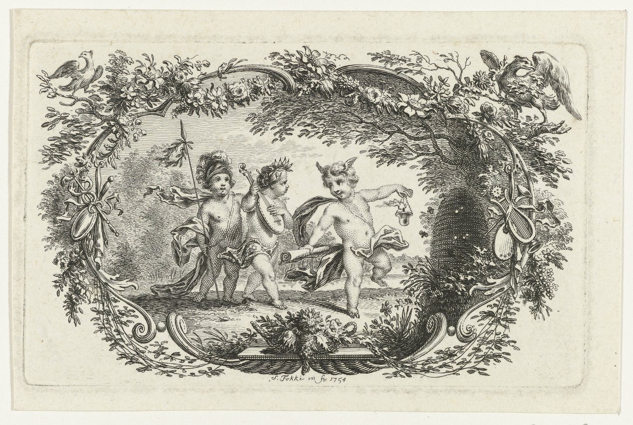 Drei Putti bei einem Bienenstock von Simon Fokke