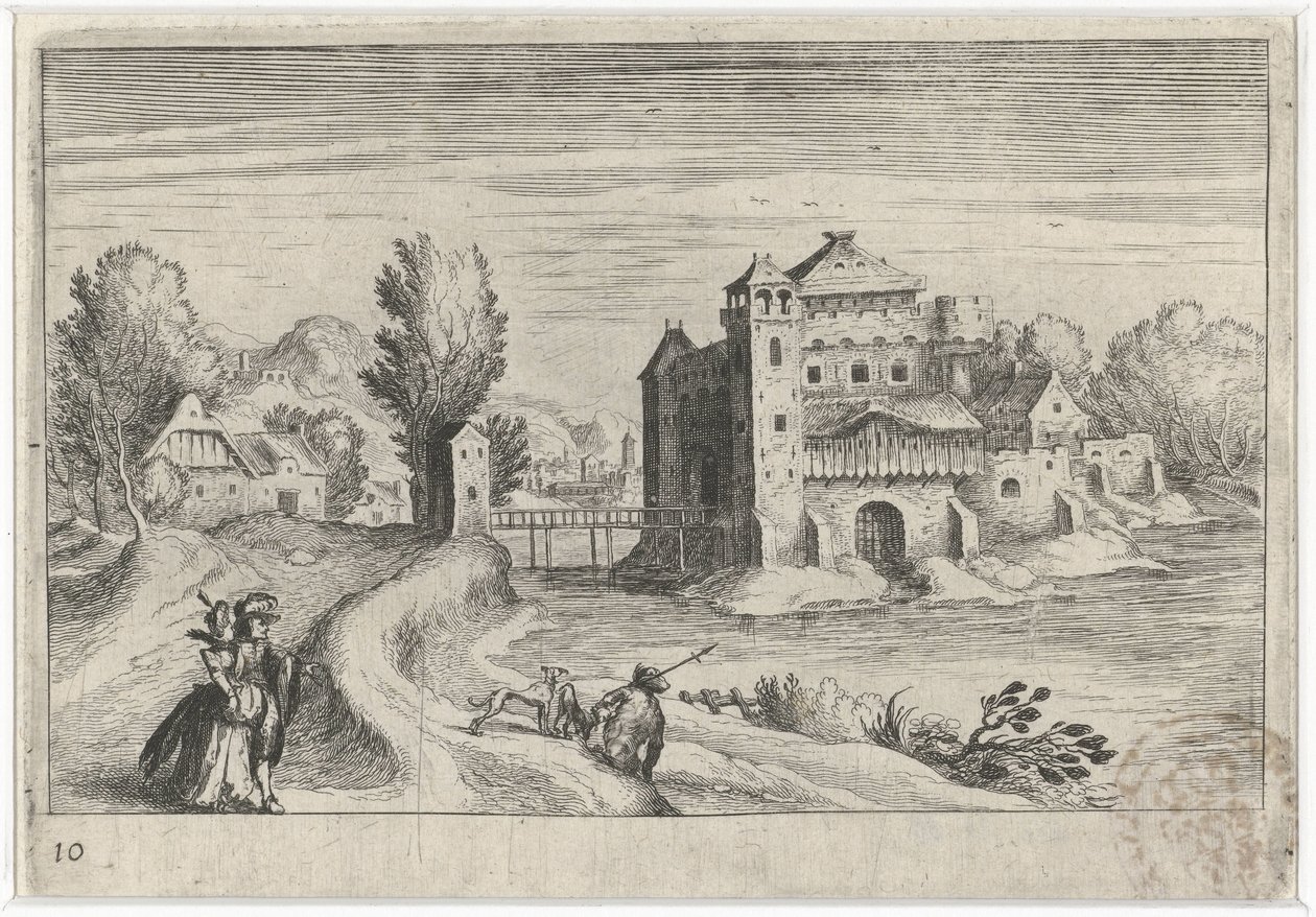 Flusslandschaft mit einem Schloss (Serie: Süd-Europäische Landschaften, Topographia variarum regionum) von Simon Frisius