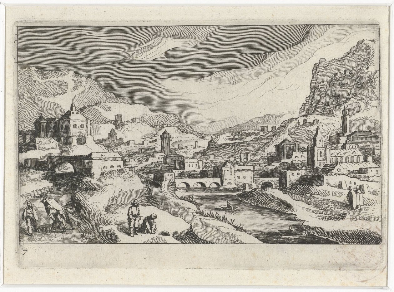 Stadtansicht in einem Flusstal von Simon Frisius