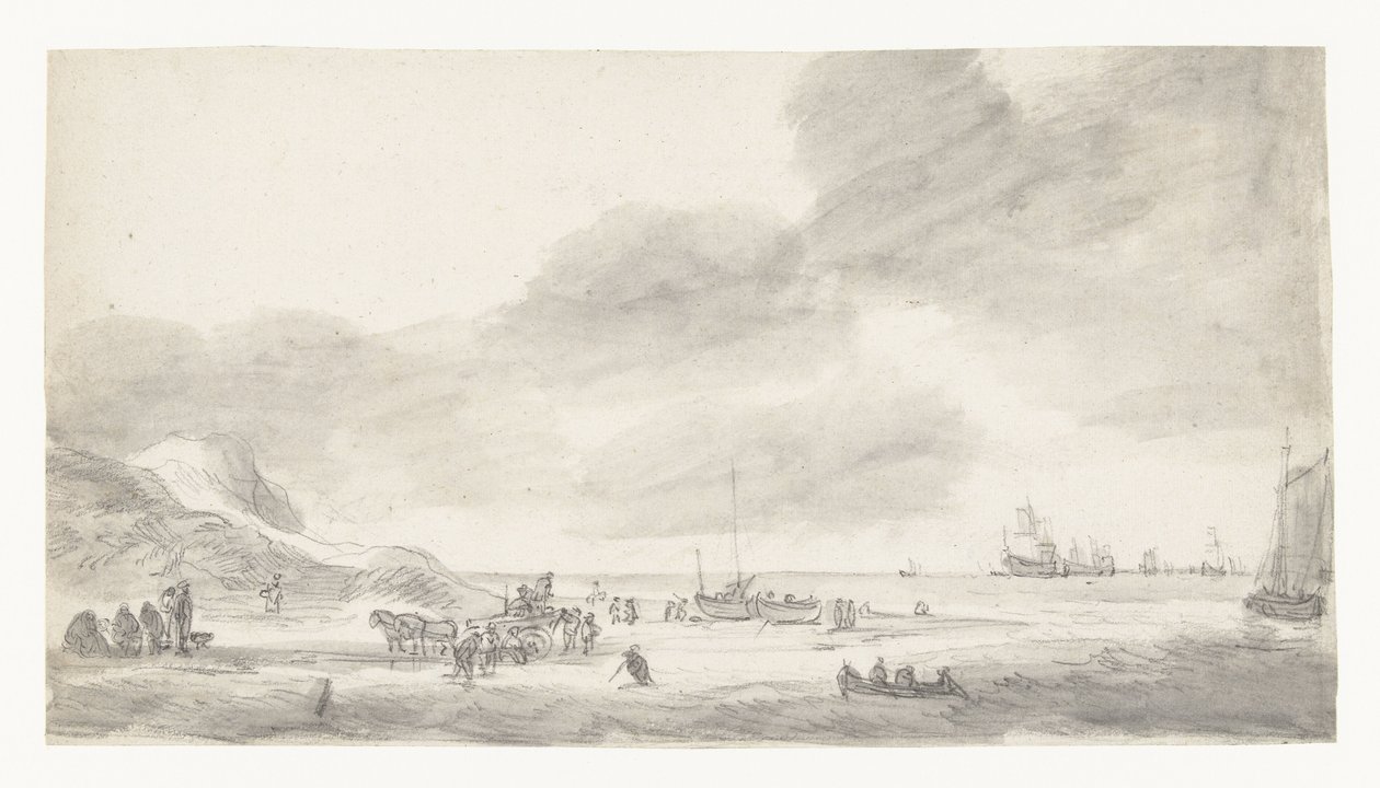 Strandansicht mit Muschelfischern und Spaziergängern von Simon de Vlieger (possibly)