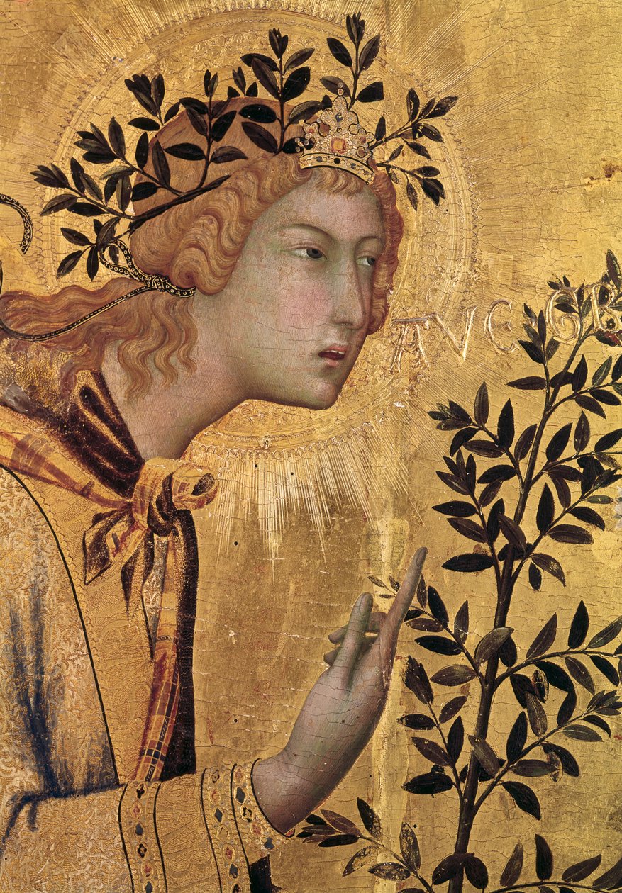 Die Verkündigung mit St. Margareta und St. Asano, Detail des Erzengels Gabriel, 1333 (Detail) von Simone Martini