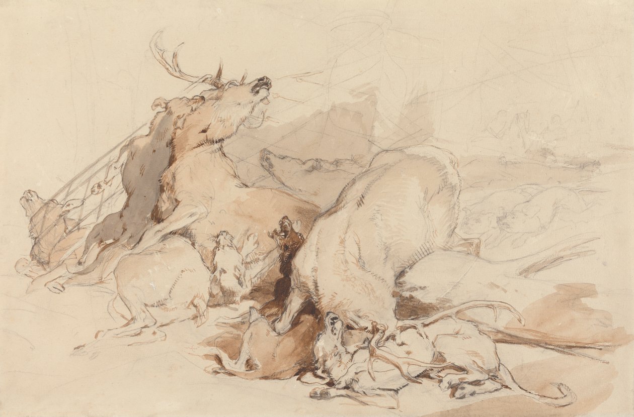 Hunde und Jäger greifen Hirsche an von Sir Edwin Henry Landseer