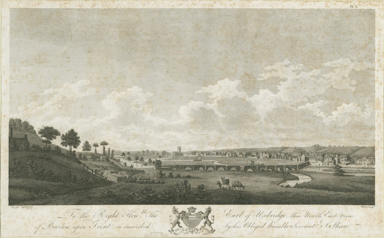 Burton-upon-Trent Brücke und Stadt (1779) von Stebbing Shaw