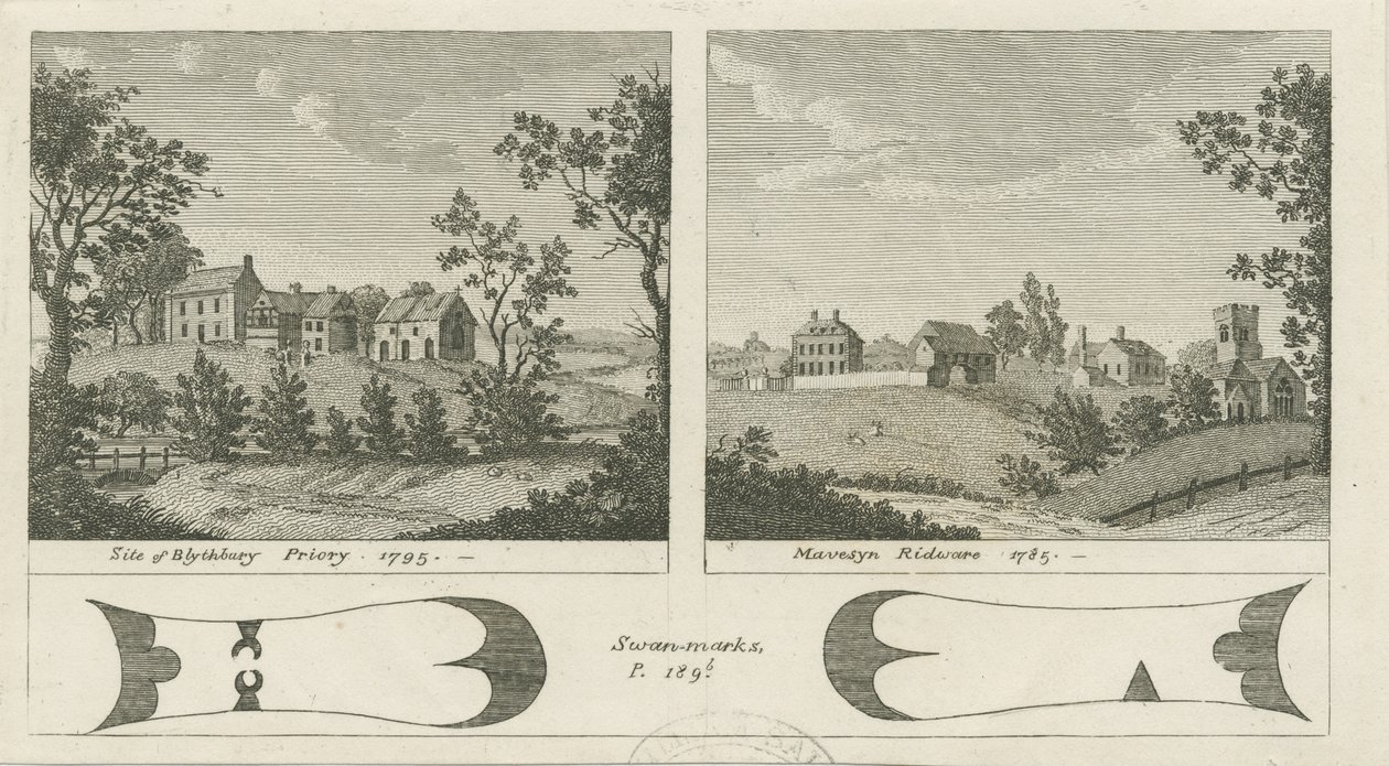 Mavesyn Ridware Hall - Torhaus: Gravur, 1785 von Stebbing Shaw