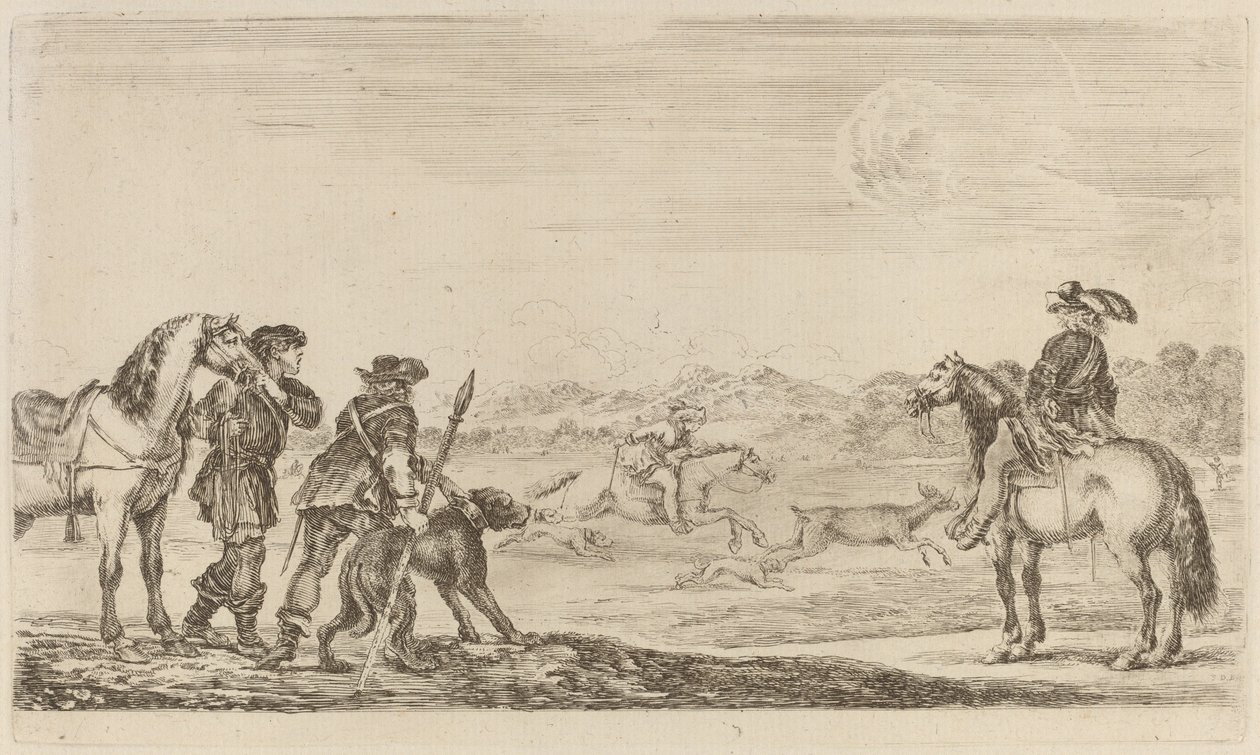 Kleiner Hirsch, gejagt von einem Reiter von Stefano della Bella