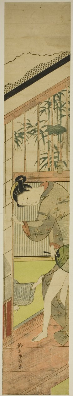 Mann zieht an einem Kimono einer Frau von Suzuki Harunobu