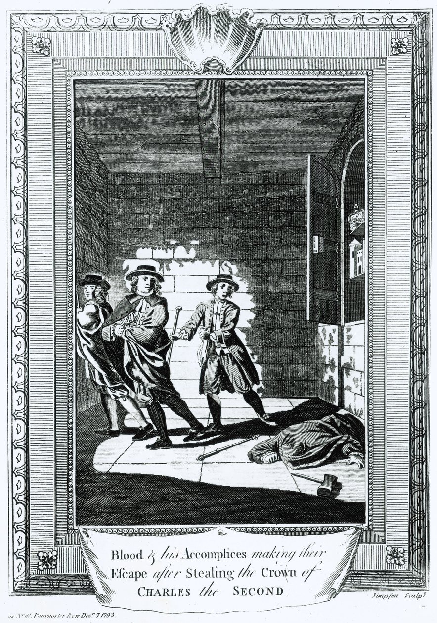 Blood und seine Komplizen fliehen nach dem Diebstahl der Krone von Charles II, 1793 von T. Simpson