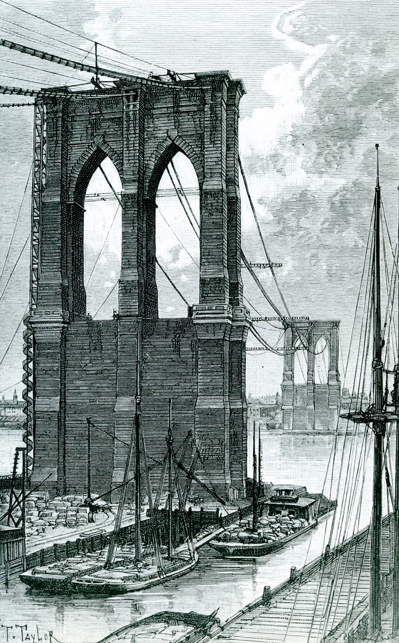 Brooklyn Bridge im Bau, nach einer Fotografie gezeichnet, 1878 von T. Taylor