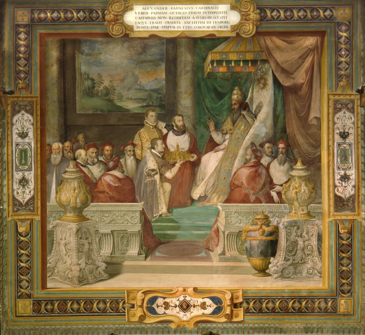 Alessandro und Ottavio Farnese präsentieren ein Modell der Stadt Piacenza an Papst Julius III. von Taddeo Zuccari