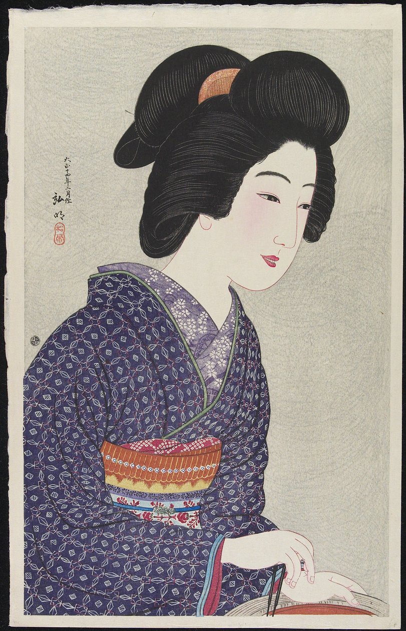 Frau sitzt an einem Kohlenbecken, Februar 1925 von Takahashi Hiroaki