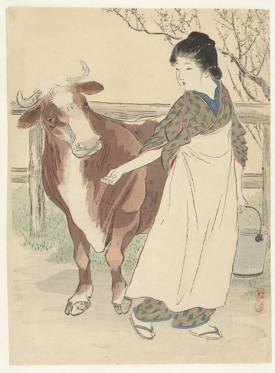 Milchmädchen mit Kuh von Takeuchi Keishū