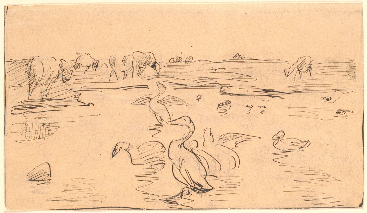 Vandhul mit Gänsen und Kühen von Theodor Philipsen