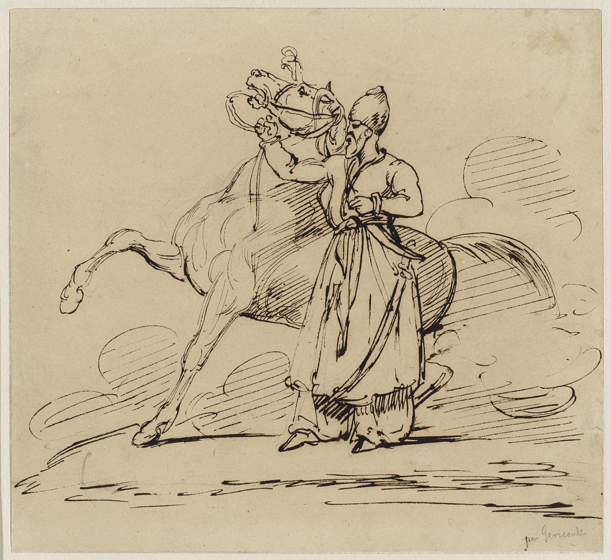 Perser hält ein Pferd, um 1817-22 (Feder & braune Tinte mit Spuren von Graphit auf Velinpapier) von Theodore Gericault