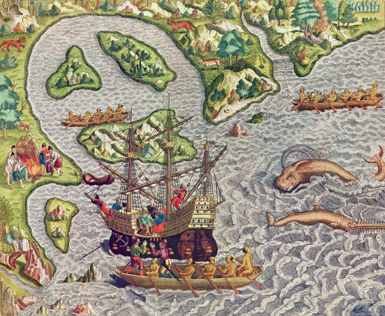Americae Tertia Pars, unser Schiff mit Hilfe eines barbarischen Bootes besteigend (Seite 333), 1562 von Theodore de Bry