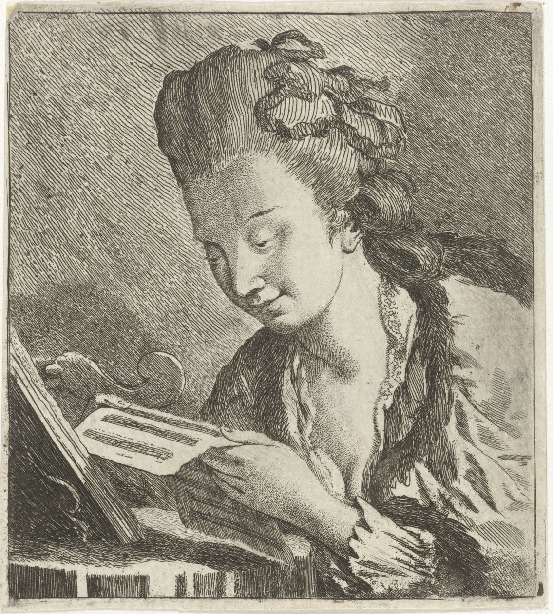Junge Frau liest Noten von Theodorus de Roode
