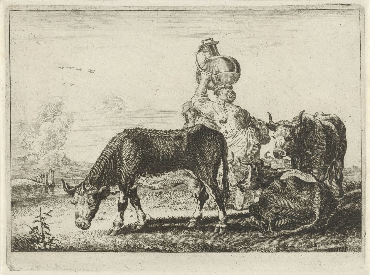 Kühe und zwei Milchmädchen von Théodorus van Kessel
