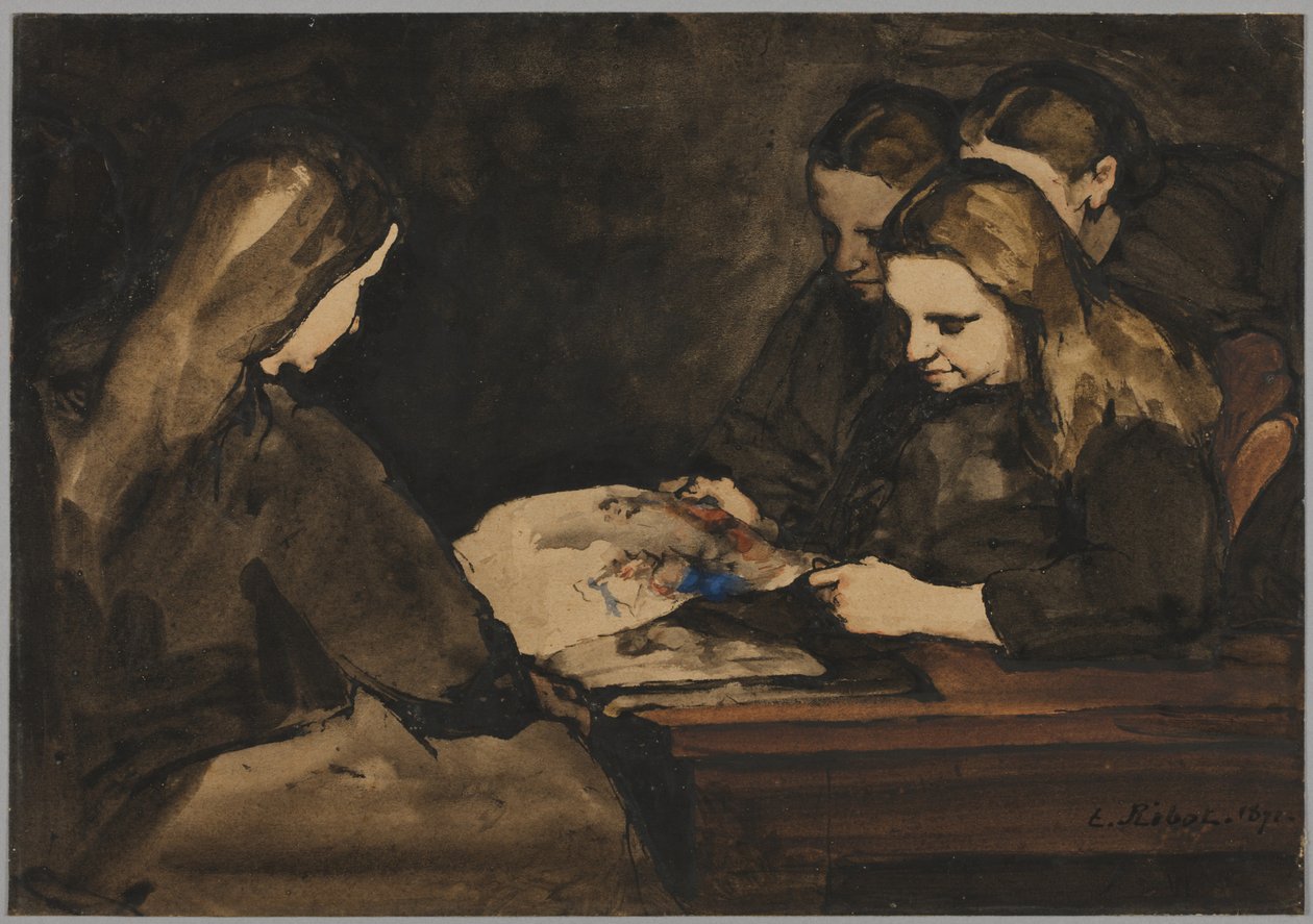 Vier Mädchen studieren eine Zeichnung, 1876 von Auguste Theodule Ribot