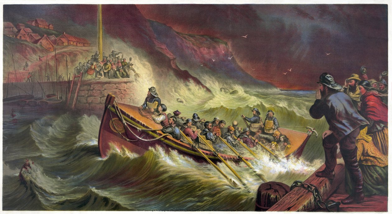 Der Aufbruch, das Starten des Rettungsbootes, veröffentlicht ca. 1872 von Thomas Brooks