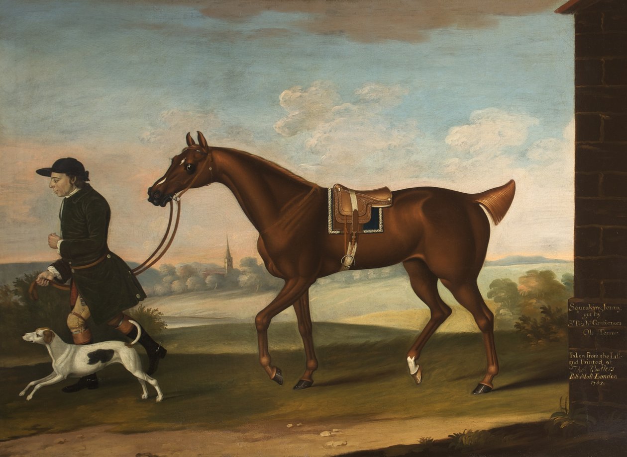 Squeaking Jenni von Sir Richard Grosvenors Old Terror mit Sir P. B. Leicesters Groom und Hund, 1755 von Thomas, of Pall Mall Butler