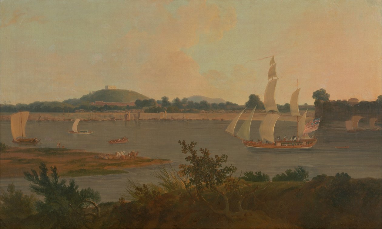 Pinnace segelt den Ganges hinunter am Monghyr Fort vorbei von Thomas Daniell