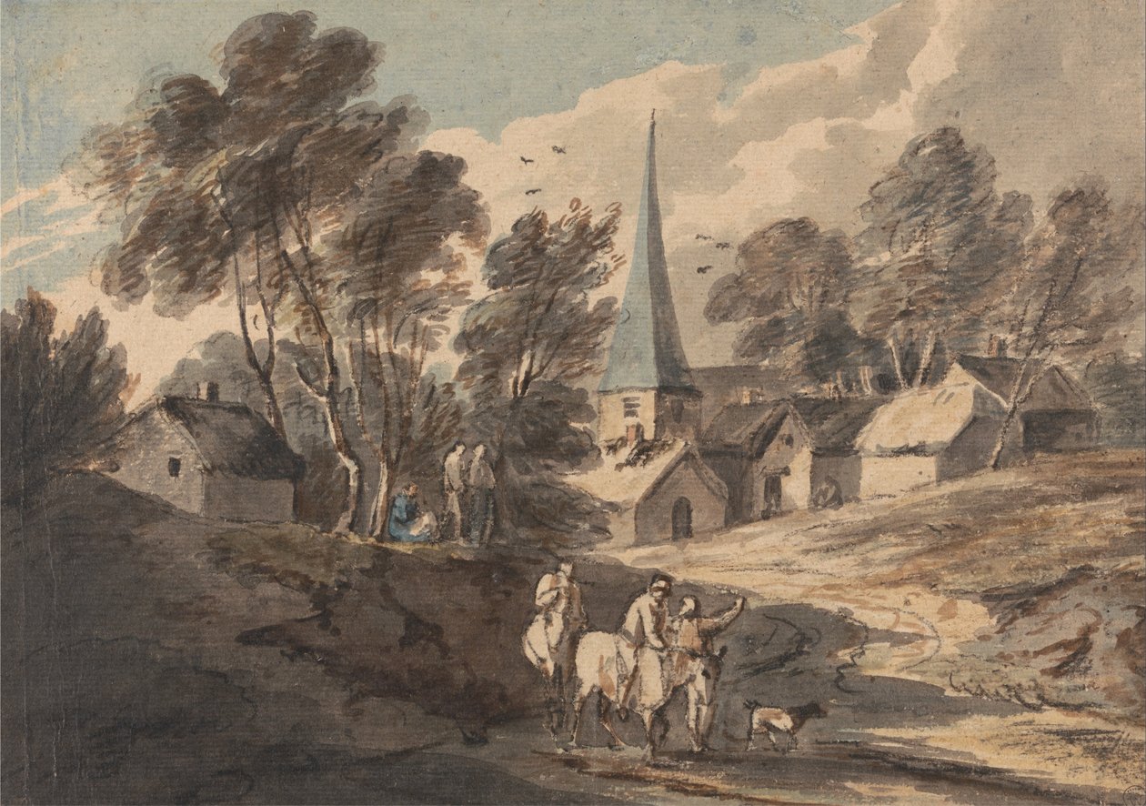 Reisende zu Pferd nähern sich einem Dorf mit einem Kirchturm von Thomas Gainsborough