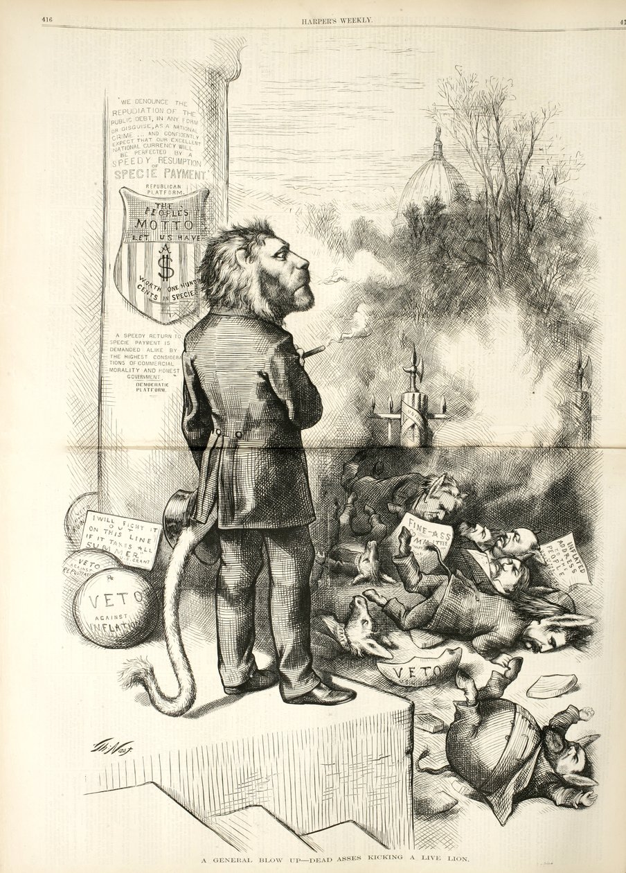Ein allgemeiner Aufruhr - Tote Esel treten einen lebenden Löwen, 1874 (Holzstich) von Thomas Nast