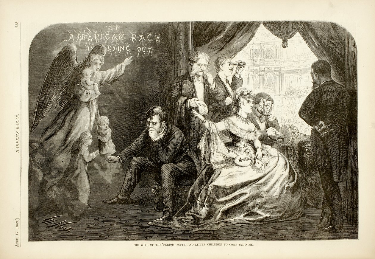 Die Frau der Zeit - Lasst keine kleinen Kinder zu mir kommen, 1869 (Holzstich) von Thomas Nast